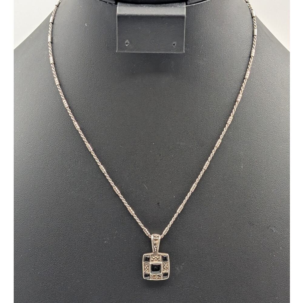 Vtg 925 Sterling Checkerboard Black Onyx Marcasite Pendant Bar Chain Necklace